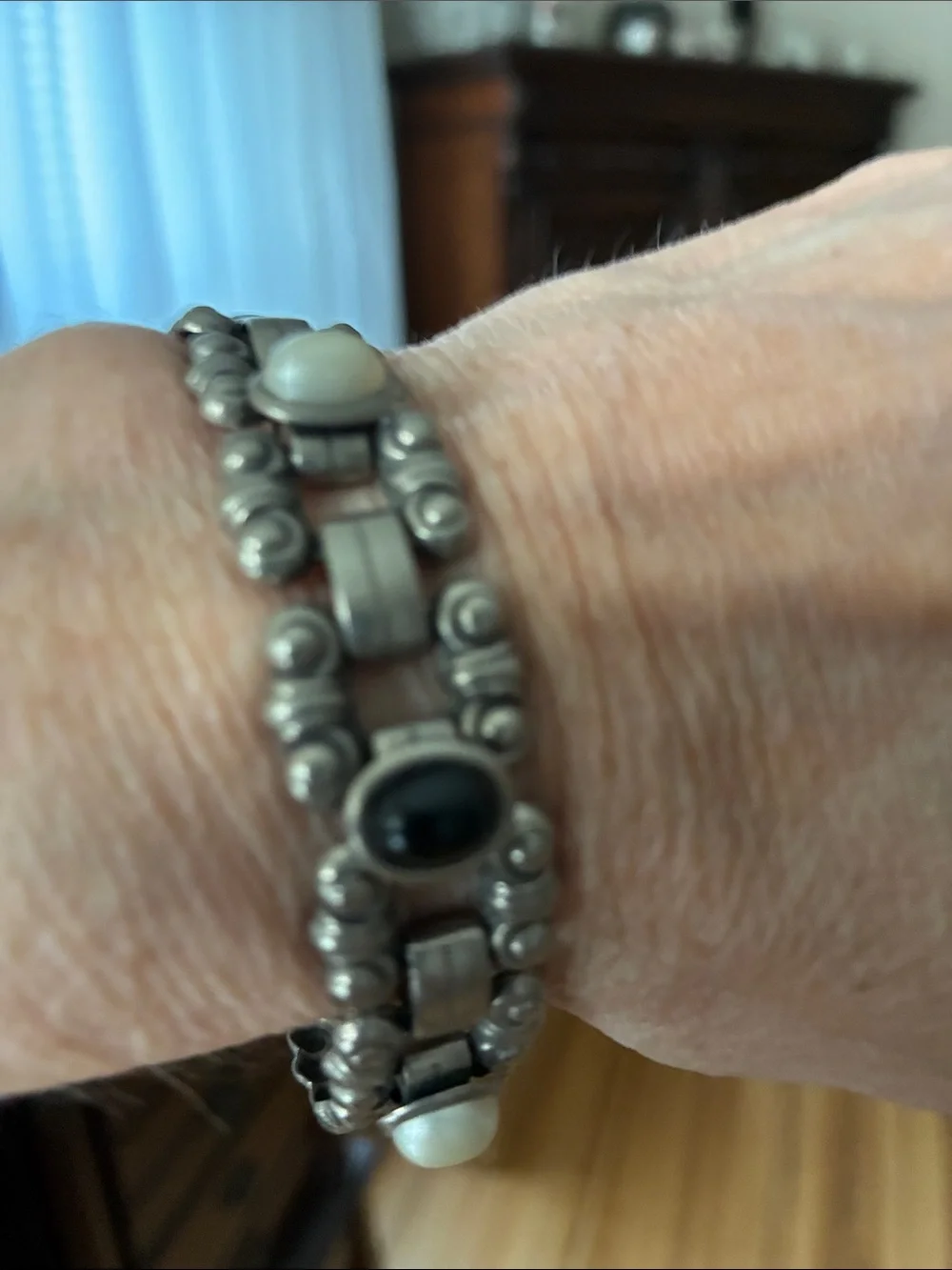 1928 Silver-Tone Bracelet with Black and Cream Cabochons